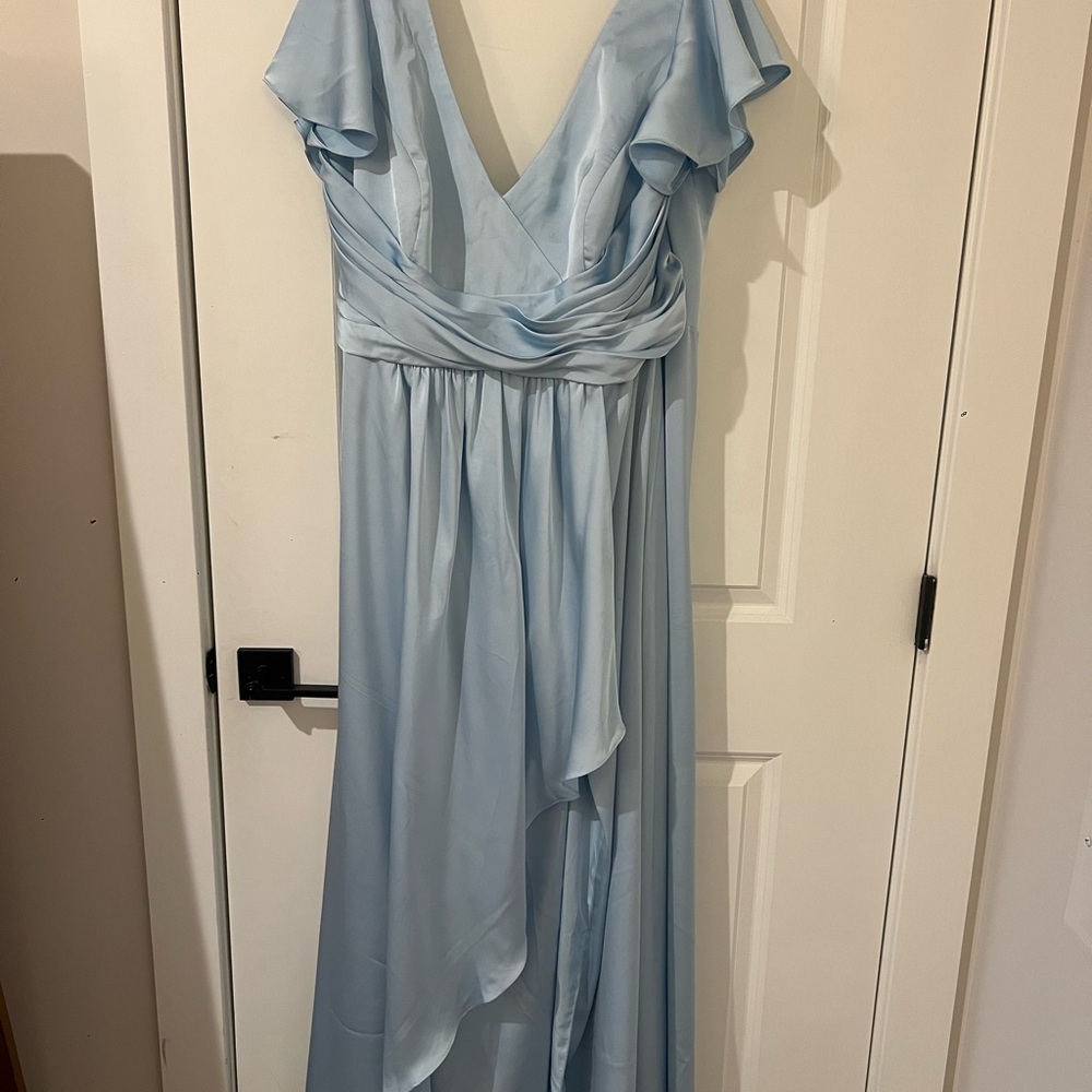 Azazie Blue Ruffled Wrap Gown for Weddings